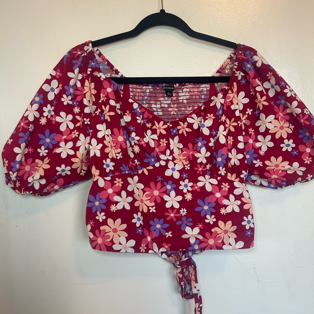 Versona‎ Floral Puff Sleeve Blouse - Red and Pink